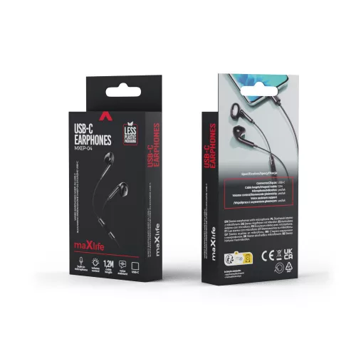 Stereo headset Type-C csatlakozóval, hangerőszabályzós / mikrofonnal, fekete, Maxlife MXEP-04
