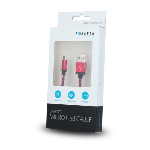 Forever micro USB piros szövet adatkábel fém csatlakozóval 1m