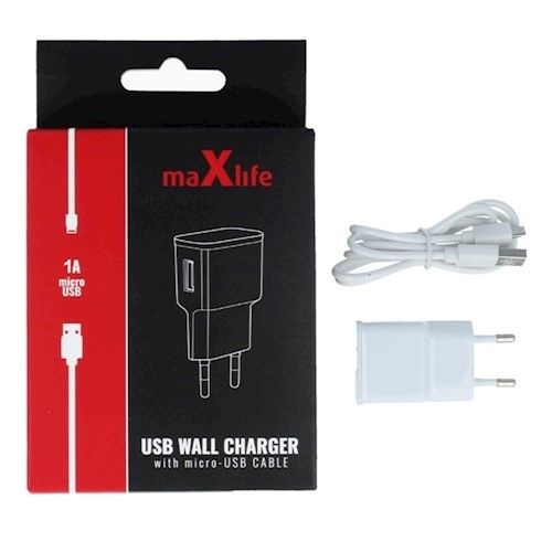 Maxlife hálózati töltőfej 1A + micro USB adatkábel