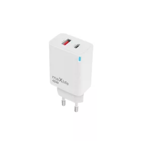   Hálózati gyors töltőfej, 1xType-C / 1xUSB, PD + QC, GaN, 45W, fehér, Maxlife MXTC-09-45AC