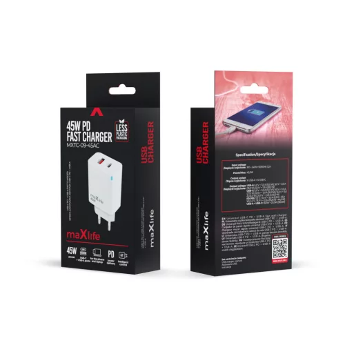 Hálózati gyors töltőfej, 1xType-C / 1xUSB, PD + QC, GaN, 45W, fehér, Maxlife MXTC-09-45AC