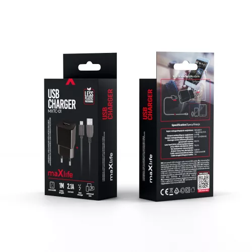 Hálózati töltőfej + micro USB adatkábel, 10W / 2.1A, fekete, Maxlife MXTC-01