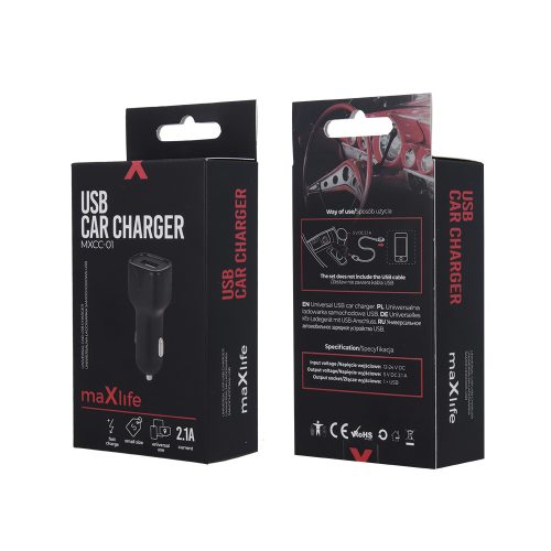 Szivartöltő fej, 1x USB, 5V/2.1A, fekete, Maxlife MXCC-01