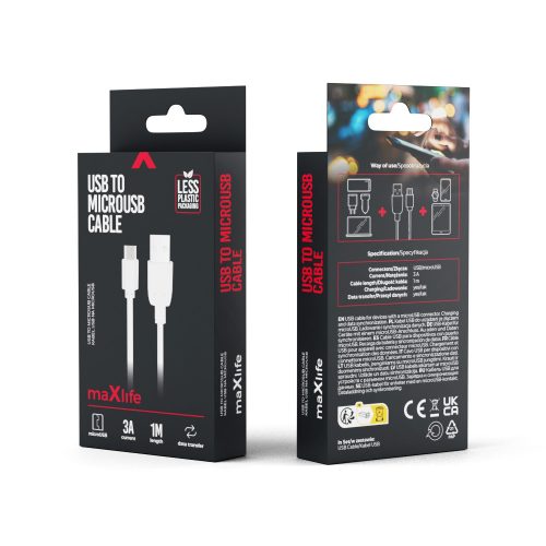 Micro USB gyorstöltő adatkábel, 3A, 1M, fehér, Maxlife