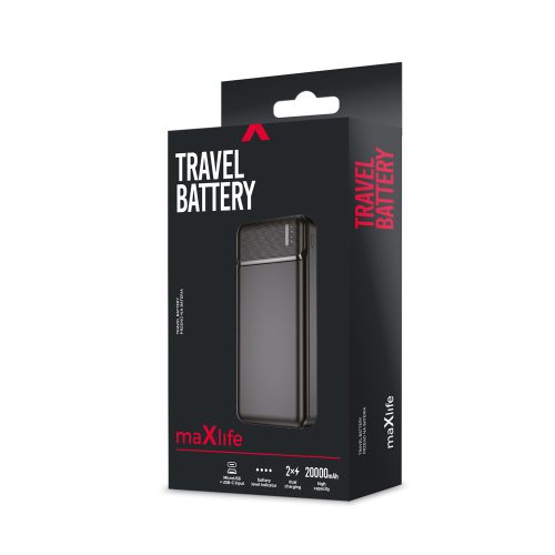 Power Bank, 2xUSB / 1xType-C / micro USB, 20000 mAh, 12W / 2.4A, fekete, Maxlife MXPB-01