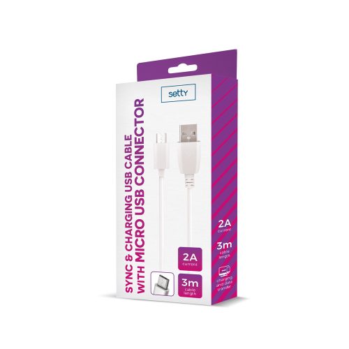 SETTY fehér micro USB adatkábel 3m 2A