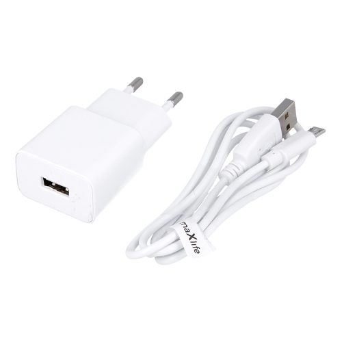 Hálózati töltőfej + micro USB adatkábel, fehér, 1M, 1A, Maxlife MXTC-01