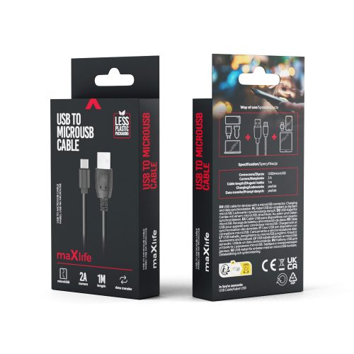 Micro USB gyorstöltő adatkábel, 2A, 1M, fekete, Maxlife
