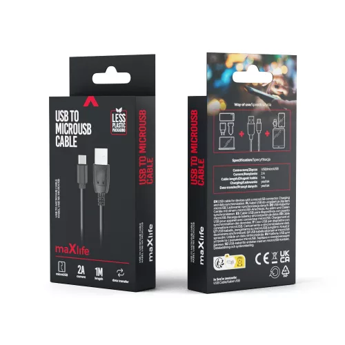 Micro USB gyorstöltő adatkábel, 2A, 1M, fekete, Maxlife