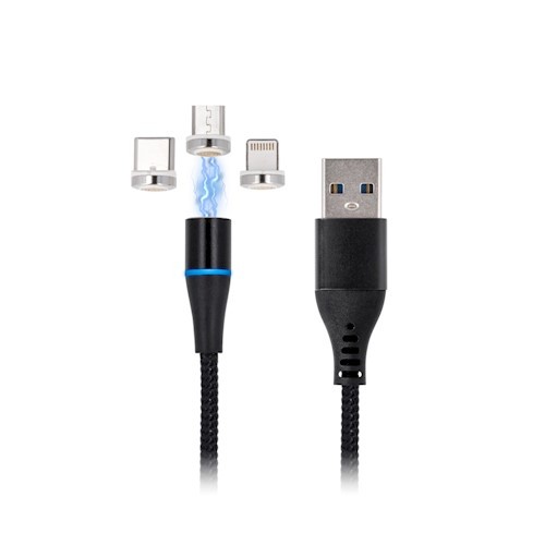 Maxlife MXUC-02 mágneses 3in1 iPhone 8pin Type-C Micro usb fekete szövet adatkábel 2A