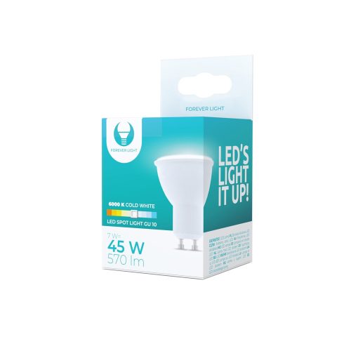 LED izzó GU10, 7W, 6000K, 570lm, hideg fehér fény, Forever Light