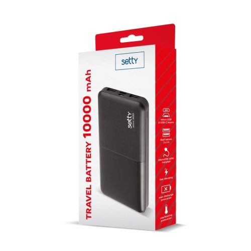 Power Bank, 10000mAh, 2x USB / Micro USB / Type-C foglalattal, fekete, Setty 