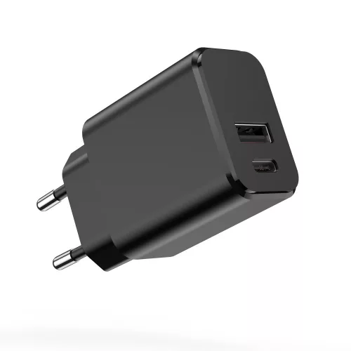 Hálózati gyors töltőfej, 1x USB / 1x Type-C, 3A / 20W, fekete, Setty