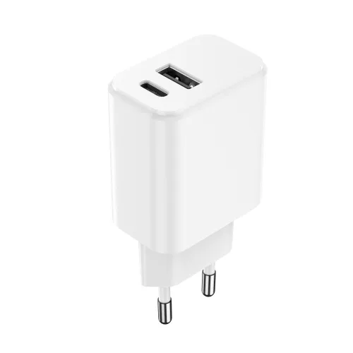 Hálózati gyors töltőfej, 1x USB / 1x Type-C, 3A / 20W, fehér, Setty