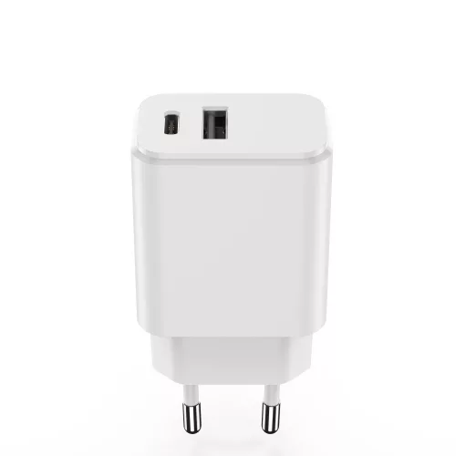 Hálózati gyors töltőfej, 1x USB / 1x Type-C, 3A / 20W, fehér, Setty