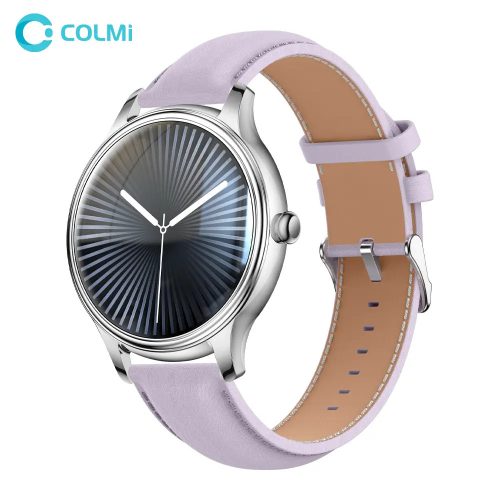 Colmi L28 okosóra szilikon + bőr szíjjal, 1,32" AMOLED kijelző, bluetooth hívás, IP67 vízállóság, ezüst / lila
