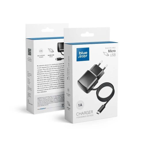 Micro USB hálózati töltő, univerzális, fekete, 1A, 1M, Bluestar