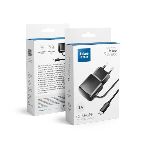 Micro USB hálózati töltő, univerzális, fekete, 2A, 1M, Bluestar