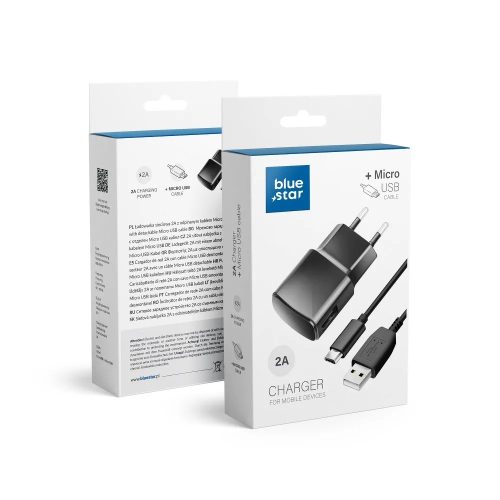 Hálózati töltőfej + micro USB adatkábel, fekete, 1M, 2A, Bluestar