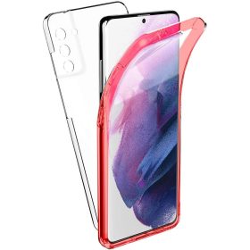   Samsung Galaxy S21 Ultra elő + hátlapi tok, PC + TPU, 360°, piros kerettel, SM-G998, Forcell