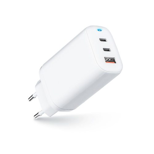 Univerzális hálózati gyors töltőfej, 2xType-C / 1xUSB csatlakozóval, PD és QC 4.0, fehér, 3A, 65W, Forcell