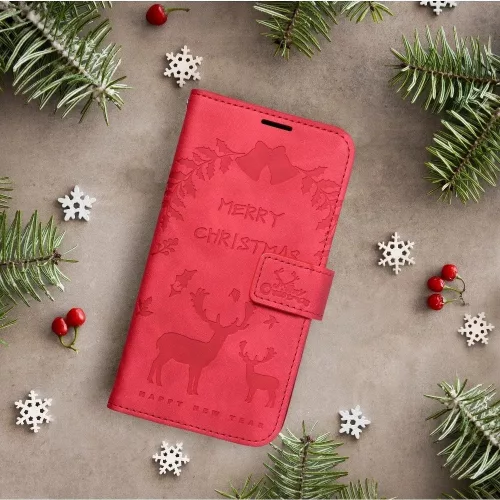 Samsung Galaxy A03s telefon tok, könyvtok, oldalra nyíló tok, mágnesesen záródó, piros Merry Christmas felirat, SM-A037, Forcell Mezzo