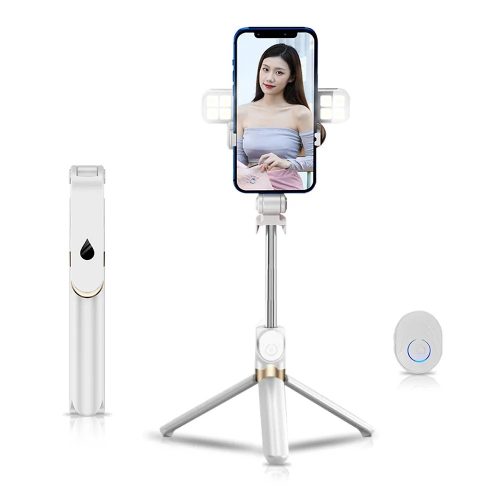 Stand XT-06S fehér bluetooth-os tripoddá alakítható selfie bot levehető LED fénnyel
