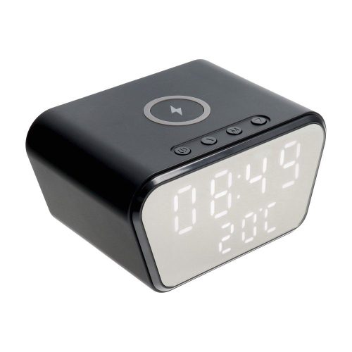Vezeték nélküli töltő beépített órával és hőmérővel, QC3.0, fekete