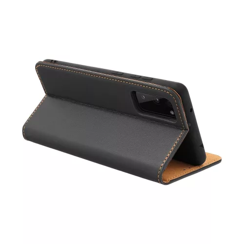 iPhone 14 Plus (6.7") bőr telefon tok, könyvtok, oldalra nyíló tok, mágnesesen záródó, fekete, Forcell Leather