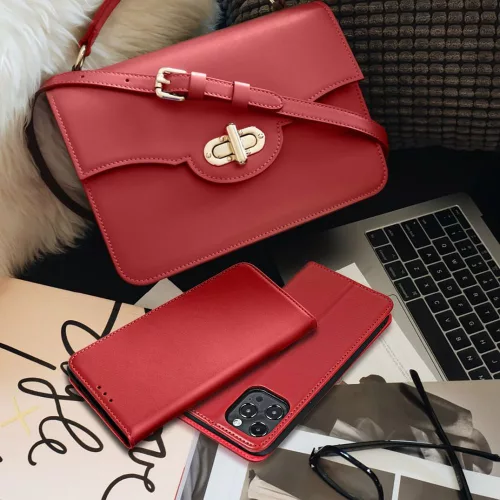 iPhone 14 Pro (6.1") bőr telefon tok, könyvtok, oldalra nyíló tok, mágnesesen záródó, piros, Forcell Leather