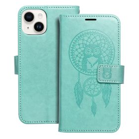   iPhone 14 (6.1") telefon tok, könyvtok, oldalra nyíló tok, mágnesesen záródó, zöld, dreamcatcher, Forcell Mezzo