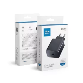   Univerzális hálózati gyors töltőfej, Type-C csatlakozóval, fekete, 3A / 20W, PD / QC 4.0, Bluestar