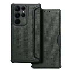   Samsung Galaxy S23 Plus telefon tok, könyvtok, oldalra nyíló tok, mágnesesen záródó, PU / TPU tok, karbon mintás, sötétzöld, SM-S916, Razor