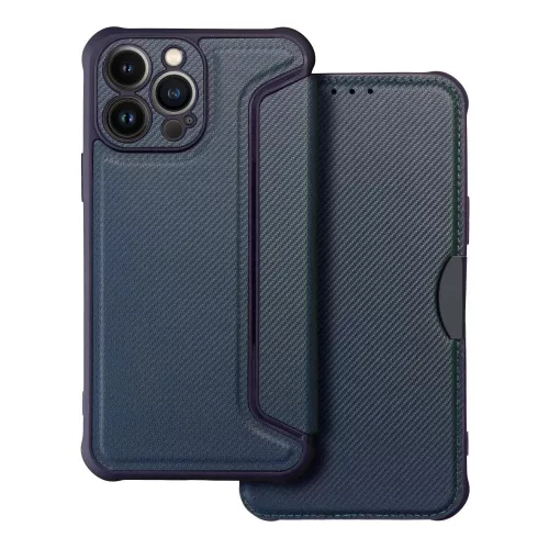 Samsung Galaxy S23 Plus telefon tok, könyvtok, oldalra nyíló tok, mágnesesen záródó, PU / TPU tok, karbon mintás, kék, SM-S916, Razor