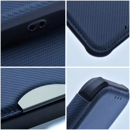 Samsung Galaxy S23 Plus telefon tok, könyvtok, oldalra nyíló tok, mágnesesen záródó, PU / TPU tok, karbon mintás, kék, SM-S916, Razor