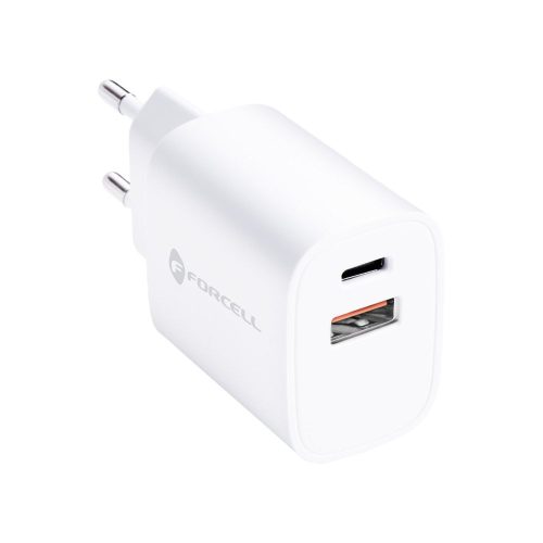 Univerzális hálózati gyors töltőfej, 1xType-C, 1xUSB csatlakozóval, PD és QC 4.0, fehér, 3A, 30W, Forcell