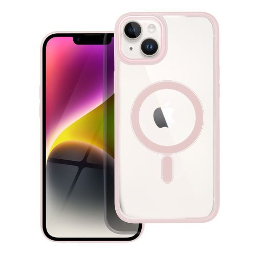 iPhone 14 Plus (6.7") szilikon tok, PC/TPU tok, magsafe, színes keretes, átlátszó/púderrózsaszín, Color Edge Mag Cover