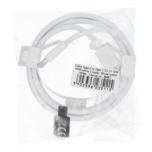 Type-C - Type-C adatkábel, fehér, PD / QC3.0 / 3A / 30W, 1M, HD26