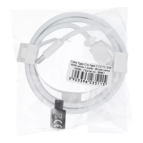 Type-C - Type-C adatkábel, fehér, PD / QC3.0 / 3A / 30W, 1M, HD26