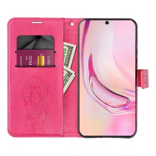 Samsung Galaxy A05 telefon tok, könyvtok, oldalra nyíló tok, mágnesesen záródó, sötét magenta, dreamcatcher, SM-A055, Mezzo