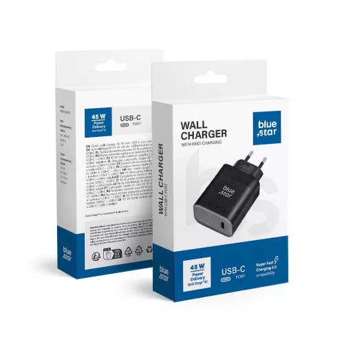 Univerzális hálózati gyors töltőfej, Type-C csatlakozóval, fekete, 3A / 45W, PD / QC 4.0 / Super Fast Charging 2.0, BlueStar TFB-TC-45W
