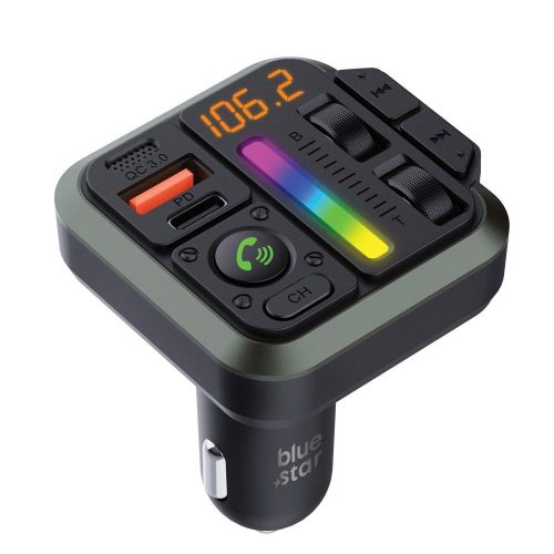 Bluetooth FM transmitter, 1xUSB / 1xType-C, 20W, BT5.3, RGB led, fekete, Bluestar AutoBeat MT04B