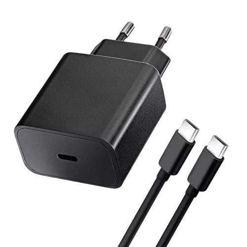 Hálózati töltőfej 1x Type-C + Type-C - Type-C adatkábel, 3A, 20W, fekete, BlueStar TFB-TC-20WPD