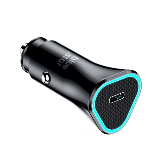 Szivartöltő fej, 1xType-C, PD / QC3.0, 3A / 20W, fekete, BlueStar
