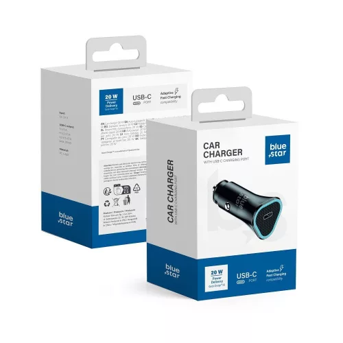 Szivartöltő fej, 1xType-C, PD / QC3.0, 3A / 20W, fekete, BlueStar