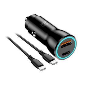   Szivartöltő fej 1xType-C / 1x USB csatlakozó, Type-C - Type-C kábel, PD / QC3.0 / 3A / 25W, 1M, fekete, BlueStar
