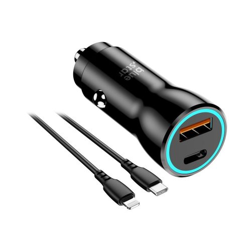 Szivartöltő fej 1x USB / 1x Type-C, Type-C / 8pin kábellel, PD / QC 3.0, 25W, 1m, fekete, BlueStar