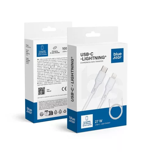 Type-C - iPhone 8pin gyorstöltő adatkábel, fehér, 1M, 2.4A / 27W, BlueStar DC-001CL2.4