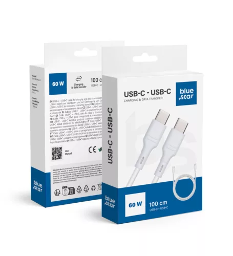 Type-C - Type-C gyorstöltő adatkábel, 3A / 60W, 1M, fehér, BlueStar DC-001CC3.0