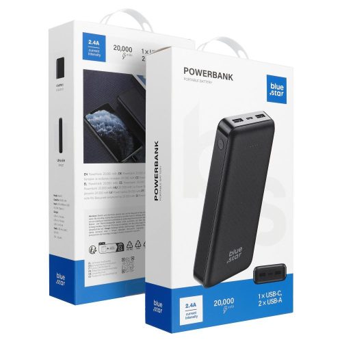 Power Bank, 20000mAh, 2x USB / Micro USB / Type-C foglalattal, fekete, 2.4A, BlueStar W2015
